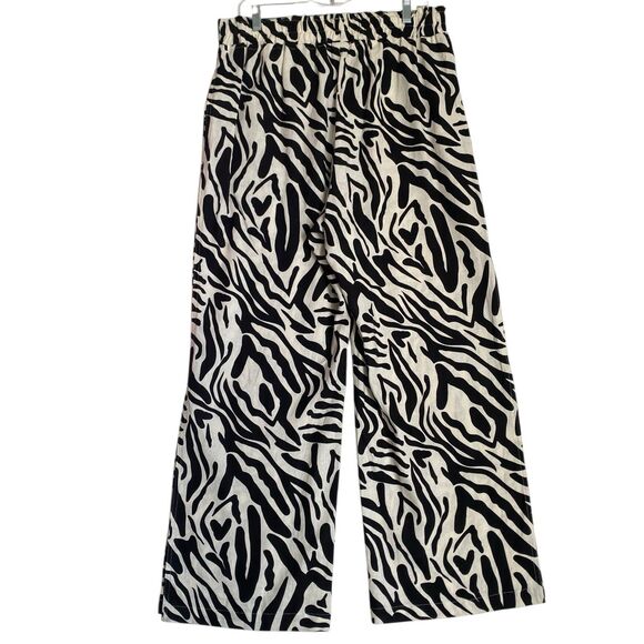 Calligraphy Wide Leg Linen Pants Women L Black White Relaxed Comfort Breathable - Picture 1 of 10
